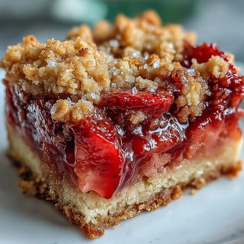 Close-up of a golden Strawberry Rhubarb Crumble Bar with visible fruit filling.