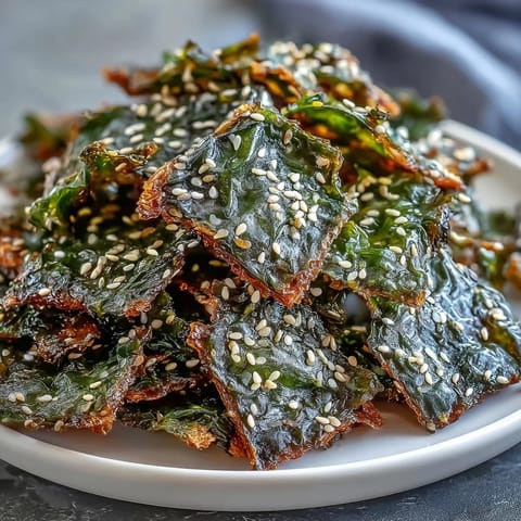 Crispy seaweed snack chips with sesame seeds and sea salt piled high.