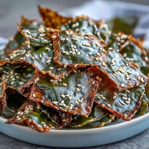 Golden seaweed snack chips delicately sprinkled with sesame seeds and sea salt.