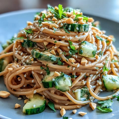 Cold Peanut Sesame Noodles with Cucumber, creamy sauce and crisp toppings.