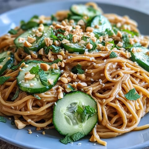 Refreshing Cold Peanut Sesame Noodles with Cucumber, drizzled with sauce.