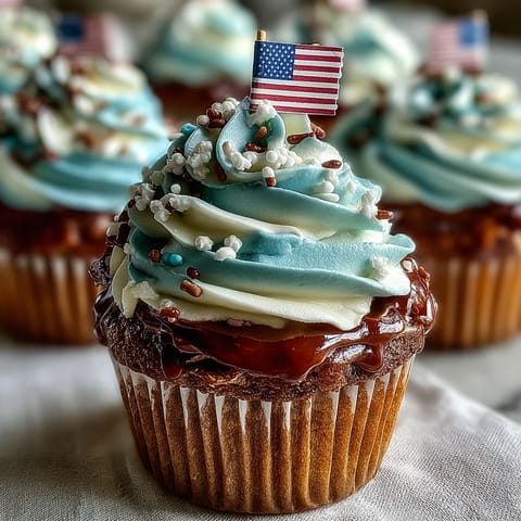 Festive Star-Spangled Banner Cupcakes topped with edible flags, a vibrant treat.