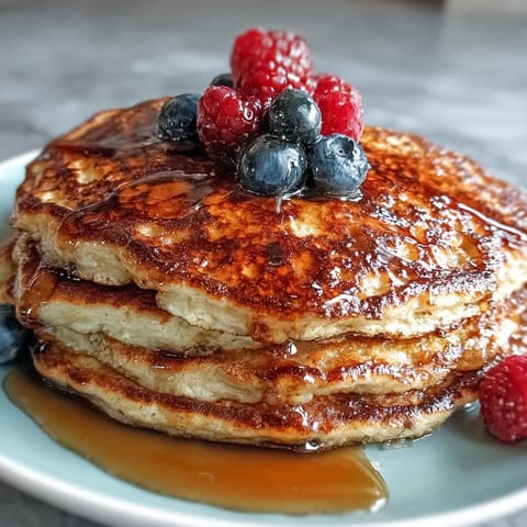 Fluffy High Fiber Protein Pancakes with Ground Flaxseed, golden brown and stacked high.