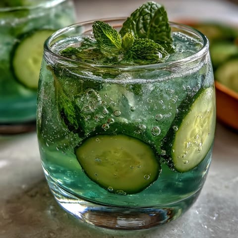 Refreshing Sparkling Cucumber Mint Lemonade Mocktail garnished with cucumber slices.