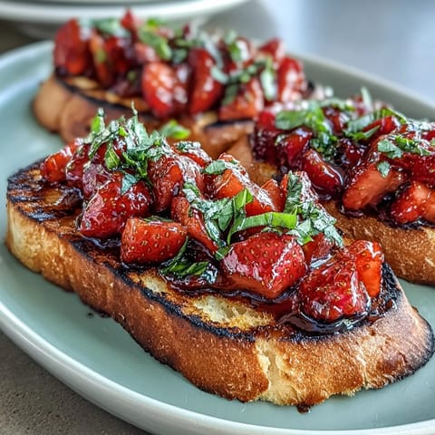Juicy strawberries crown crispy grilled sourdough in this balsamic bruschetta delight.
