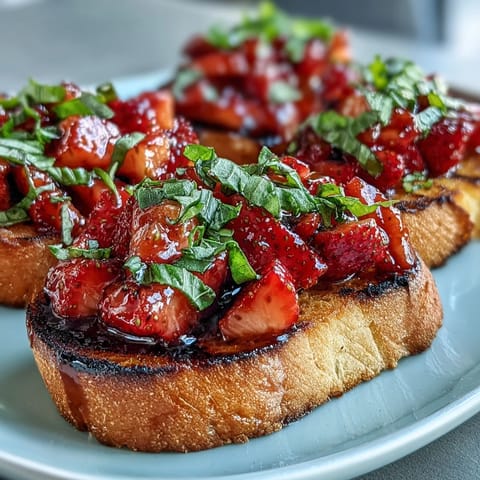 Bright Strawberry Balsamic Bruschetta on golden grilled sourdough, a perfect appetizer.