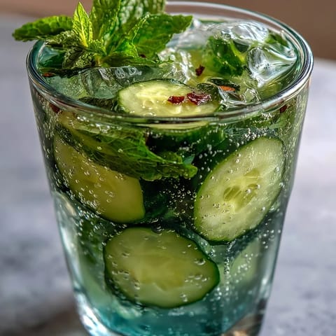 Sparkling Cucumber Mint Lemonade Mocktail with fresh mint, lemon, and ice.
