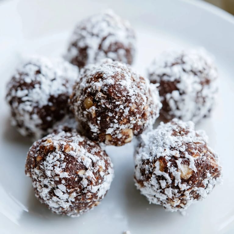 Perfectly round, chocolatey Mud Balls coated in a snowy powdered sugar, a delightful no-bake dessert.
