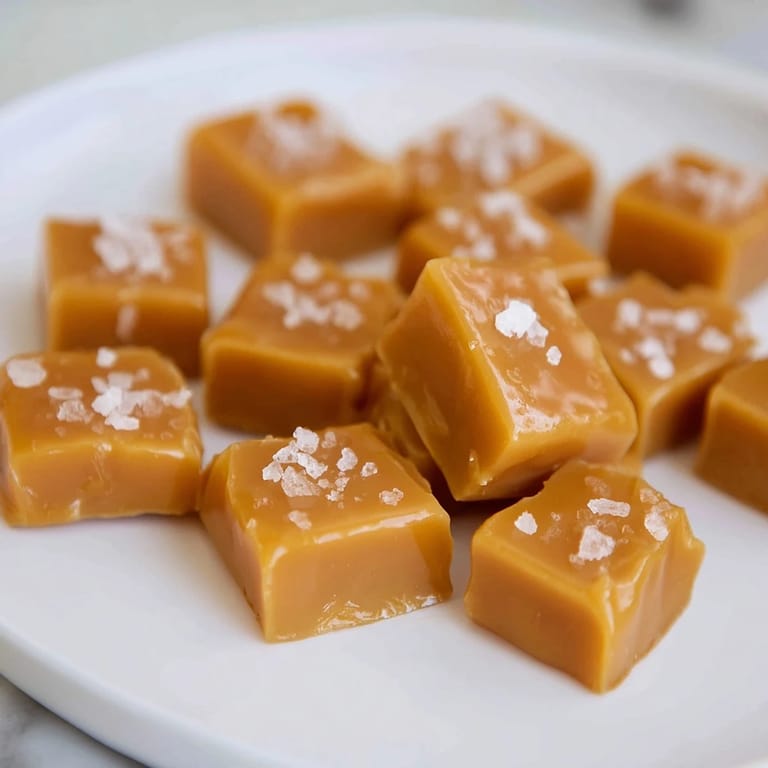 Close-up of freshly cut sea salt caramels, showing their soft, buttery texture and glistening salt.