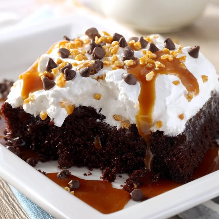 Imagine a moist Better Than Sex Cake, beautifully textured, with rich chocolate and a creamy topping.