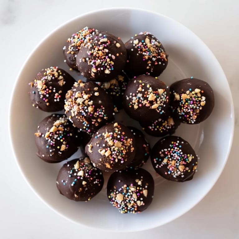 Indulge in these easy chocolate truffles, a delicious dessert coated in nuts and sprinkles for a bite.