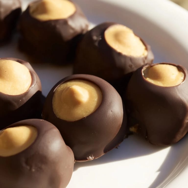 Beautifully arranged buckeyes: bite-sized peanut butter candies partially coated in dark, rich chocolate are delicious.