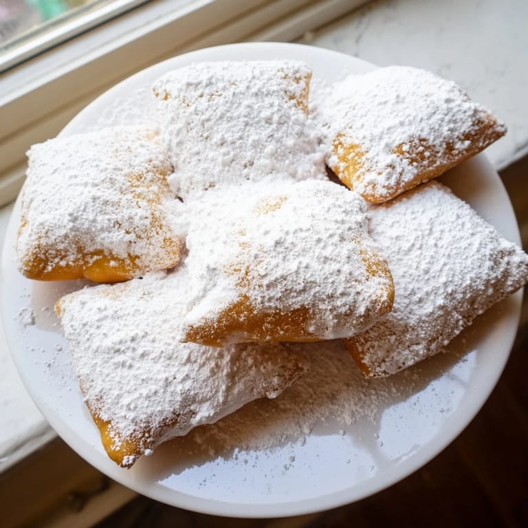 Freshly fried beignets stacked on a plate, a delightful dessert with a generous coating of sweet powdered sugar.