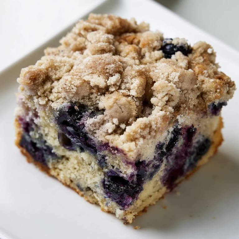 Freshly baked Blueberry Buckle: a tender coffee cake, speckled with juicy blueberries, ready to serve.