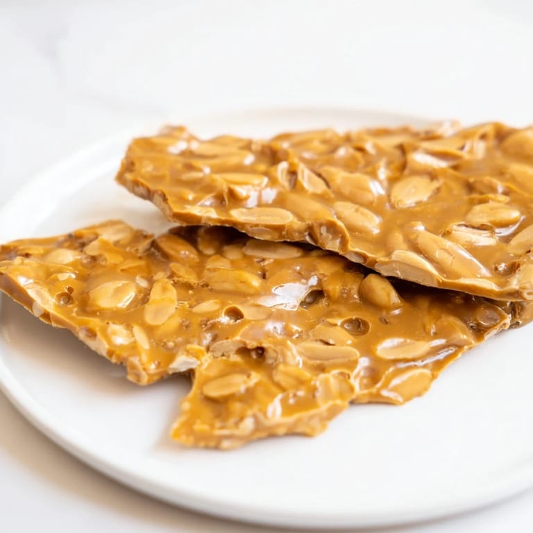 Freshly made peanut brittle, a delicious American candy, boasting a glossy, caramelized texture with nuts.