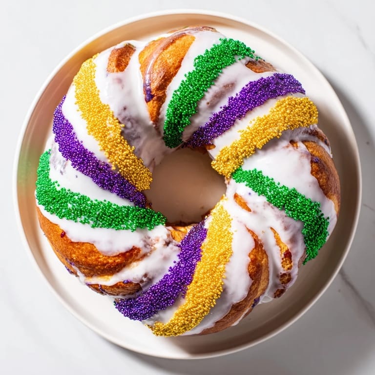 Freshly baked King Cake, smelling of cinnamon, with colorful sugar decorations, a truly festive dessert.