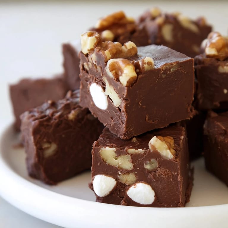 Creamy squares of homemade Rocky Road Fudge studded with nuts and fluffy marshmallows, a perfect dessert.