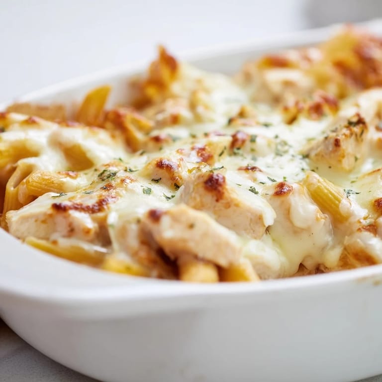 Golden-brown Chicken Ranch Pasta Bake with diced chicken and penne, garnished with fresh chives and ready to serve at dinner.