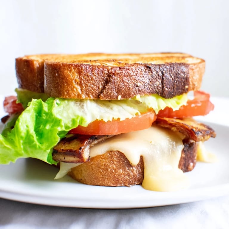 Mouthwatering Vegan Bacon BLT Grilled Cheese with golden toasted bread, smoky tempeh strips, and gooey vegan cheese.