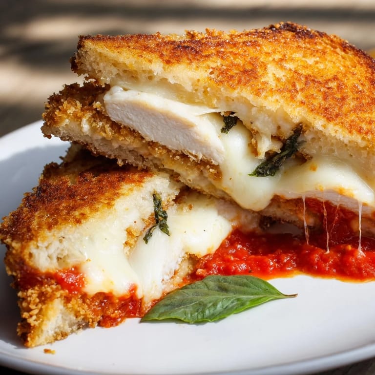 A hand holding a warm Chicken Parm Grilled Cheese with fresh basil on top, served alongside a small bowl of red marinara dipping sauce.