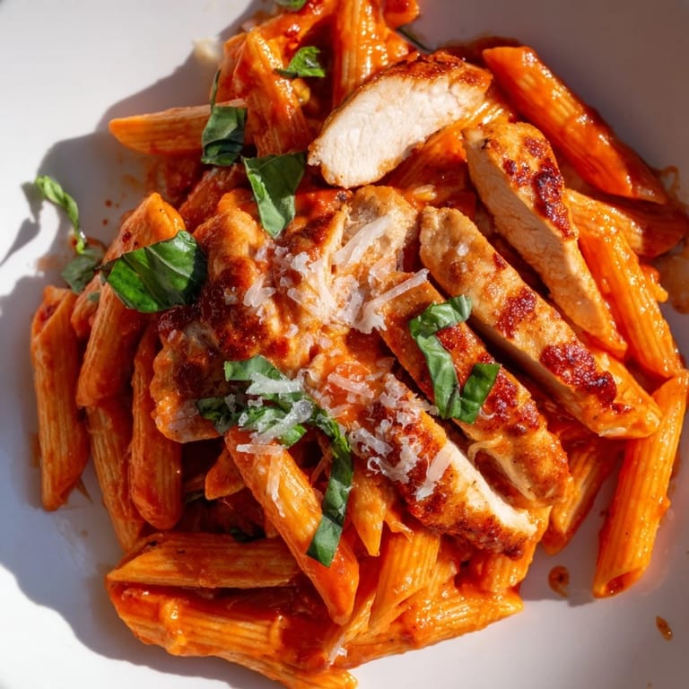 A hearty bowl of spicy tomato chicken pasta featuring al dente penne tossed in a zesty tomato-chili sauce, topped with juicy grilled chicken strips and fresh basil garnish.  