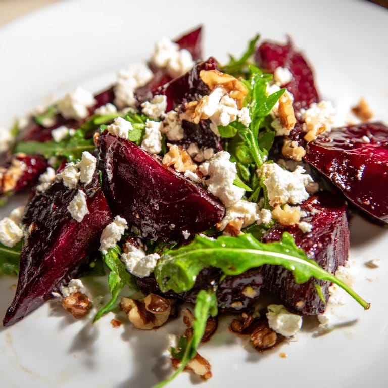 Roasted Beet Goat Cheese Salad features ruby beets and walnuts on arugula, drizzled with bright balsamic vinaigrette.