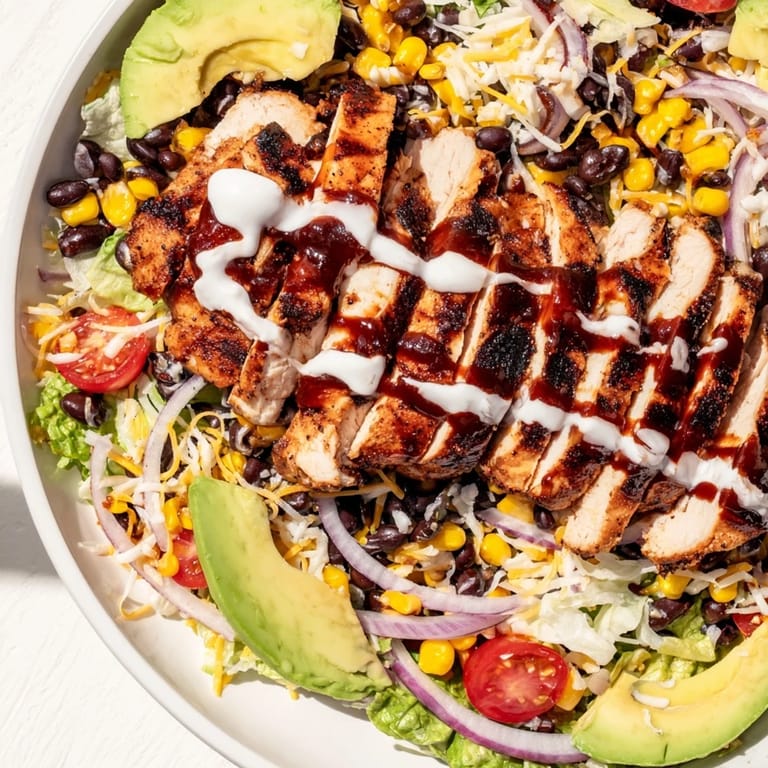 Hearty BBQ Chicken Salad with juicy chicken, charred corn, and a cool ranch finish on crunchy greens.