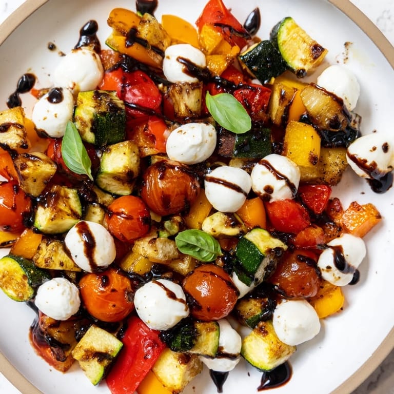 A hearty, colorful bowl of Roasted Veggie Caprese Salad, featuring caramelized vegetables, fresh basil, and creamy mozzarella pearls ready for a light lunch.