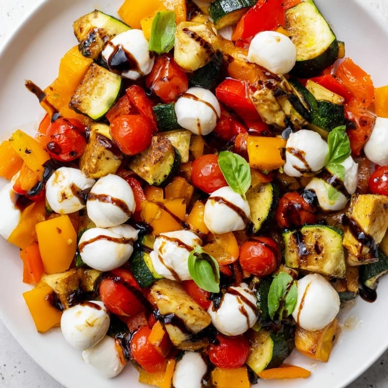 Close-up of warm Roasted Veggie Caprese Salad showcasing juicy tomatoes, tender veggies, and glossy balsamic glaze over mozzarella on a rustic serving platter.