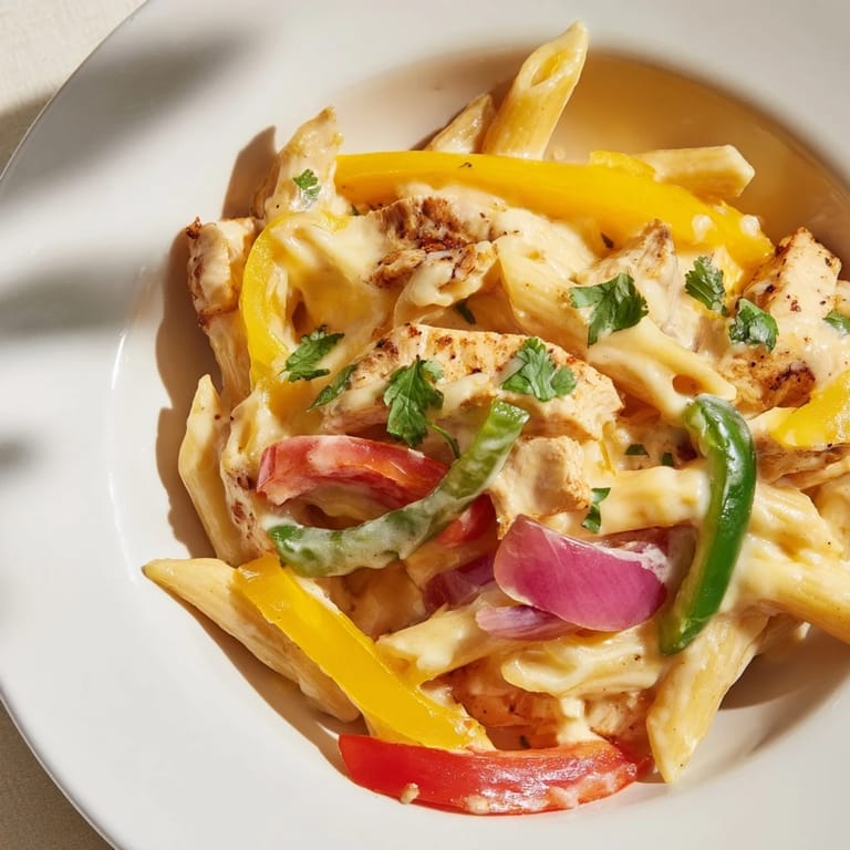 Fajita Chicken Pasta Skillet served hot in a rustic cast-iron pan, featuring tender pasta coated in a velvety, spiced cheese sauce.