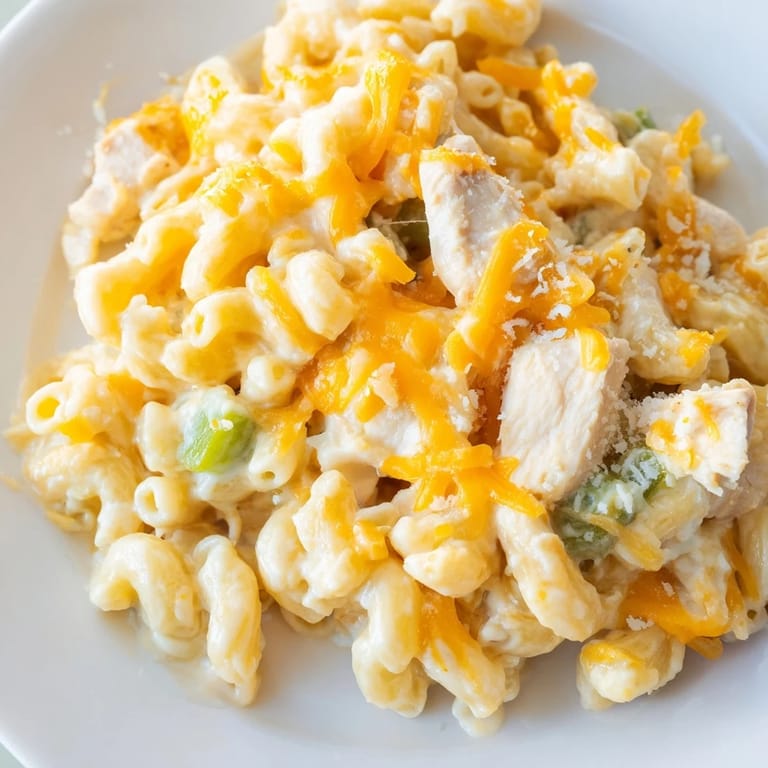 Green Chili Chicken Mac garnished with fresh cilantro and sliced jalapeño, served steaming in a rustic skillet for a Southwestern dinner.  