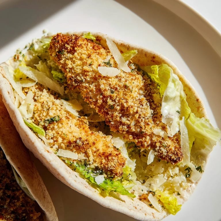 A close-up of golden herbed chicken Caesar pitas, filled with crisp romaine and shaved Parmesan, ready to serve.
