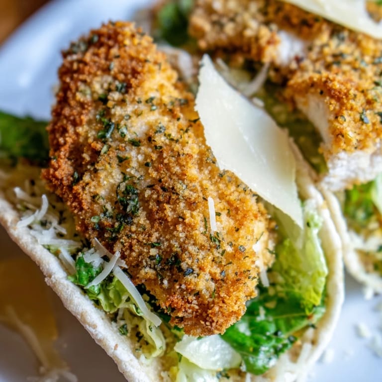 Tender herbed chicken cutlets with a crispy crust in pita pockets, paired with Caesar salad for a satisfying dinner.