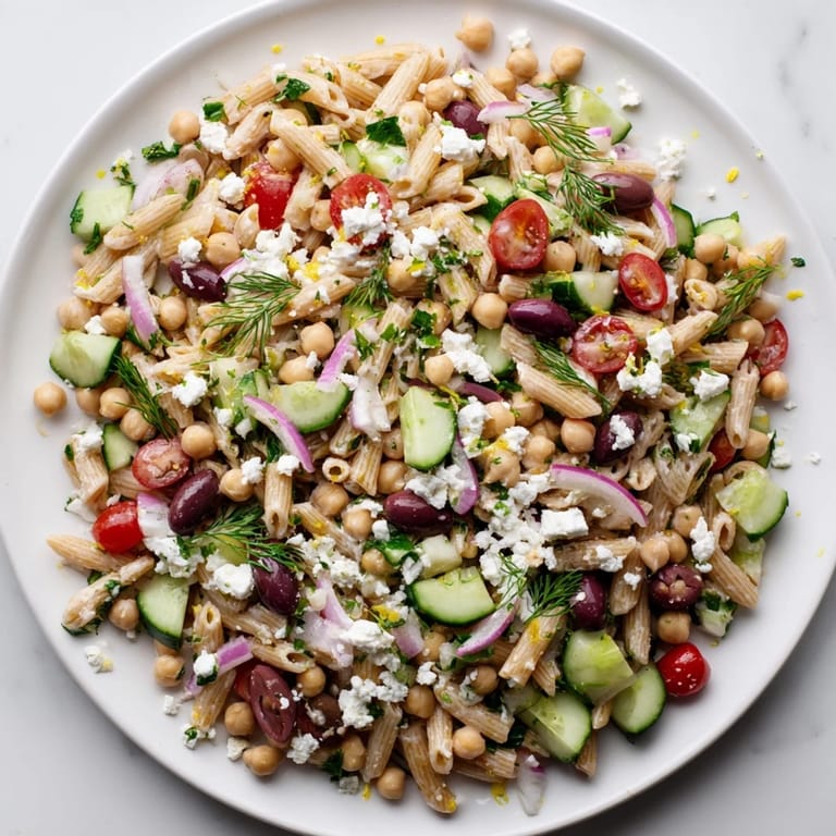 Enjoy a chilled serving of Lemon Herb Chickpea Pasta Salad, perfect for a light lunch or picnic.