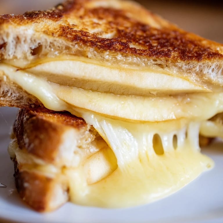 A close-up of the Smoked Gouda & Apple Grilled Cheese, highlighting the gooey cheese and buttery bread.