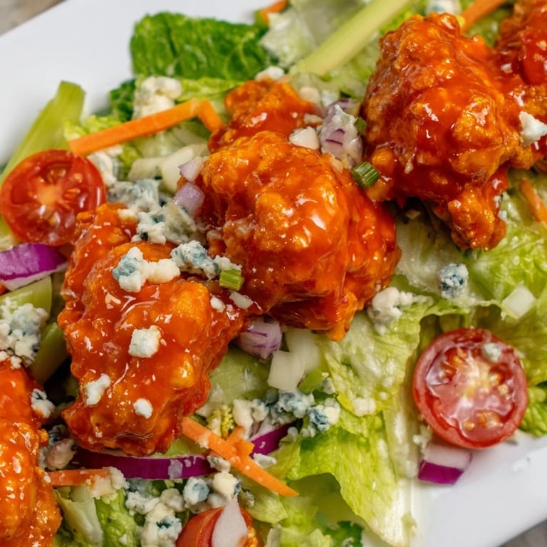 Freshly chopped vegetables and buffalo chicken tossed with ranch dressing, perfect for a zesty and satisfying lunch.