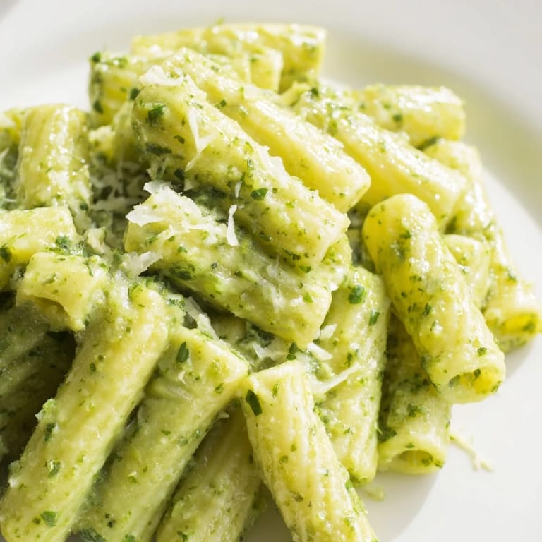 Easy Creamy Avocado Pesto Mac plated next to lemon wedges and cracked pepper, offering a quick, flavorful fusion dinner perfect for busy weeknights and family-style serving.