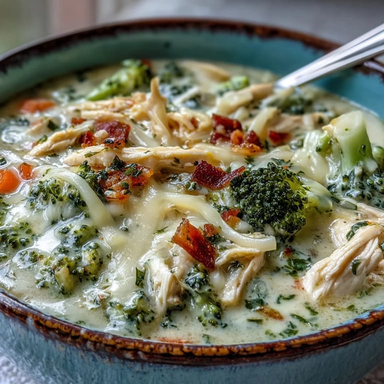 Homemade Chicken Broccoli Cheddar Soup in a white ceramic bowl, creamy texture with chopped carrots and cheddar garnish.