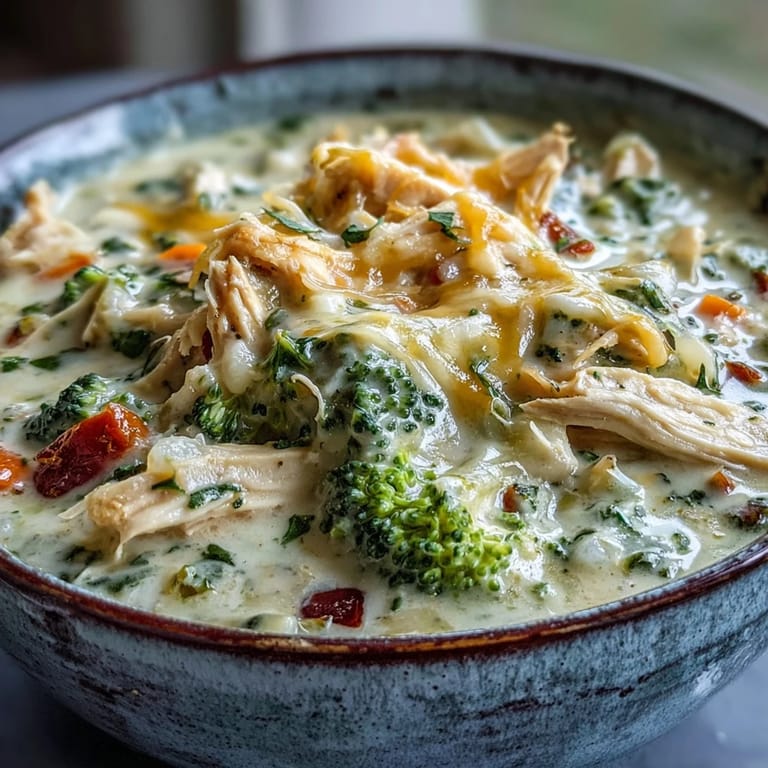 Warm bowl of Chicken Broccoli Cheddar Soup served with crusty bread, featuring tender chicken, broccoli florets, and melted cheese.
