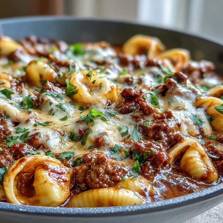 Cozy one pot creamy beef and shells recipe, steaming with savory tomato cream sauce and tender pasta shells, served hot for a comforting weeknight meal.