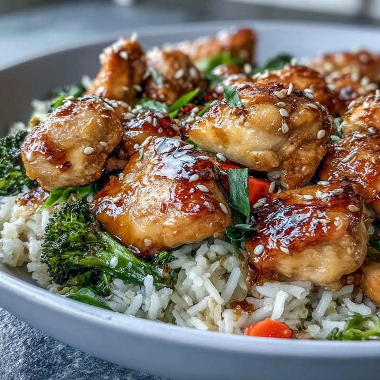 A close-up view of one pan honey garlic chicken broccoli rice, garnished with green onions and sesame seeds, ready to serve for a family dinner.