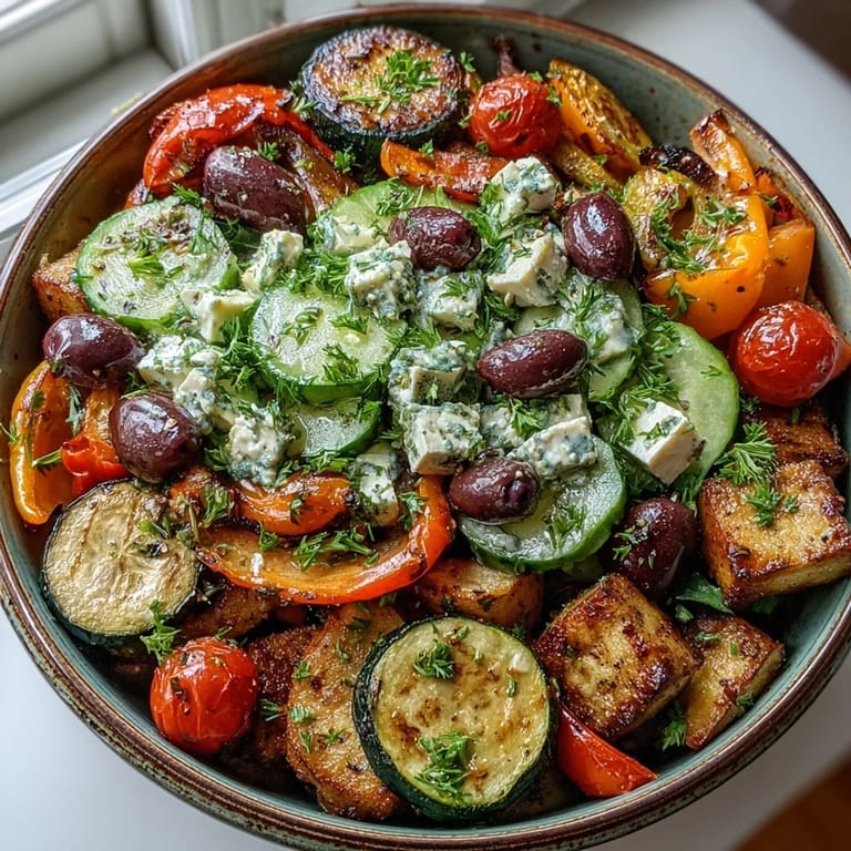 Hearty roasted Greek salad served on cucumbers with Kalamata olives and crumbled feta, perfect for summer.
