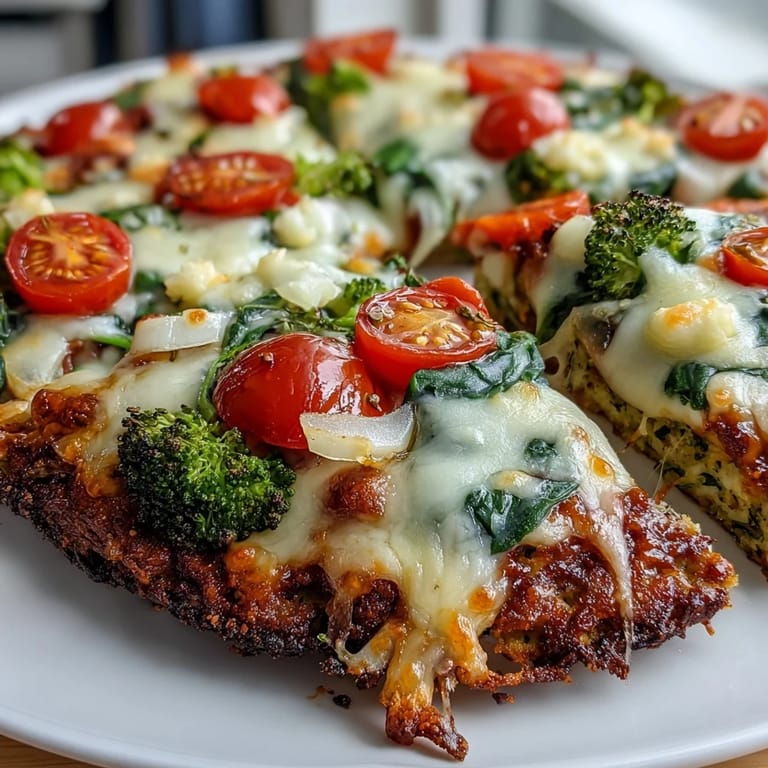 A slice of Broccoli Chicken Crust Pizza lifted with a spatula, revealing a cheesy, low-carb crust and colorful vegetable toppings like cherry tomatoes and red onion.