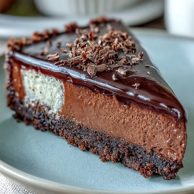 A whole Lighter Chocolate Cottage Cheese Cheesecake with Greek yogurt topping and chocolate shavings.  