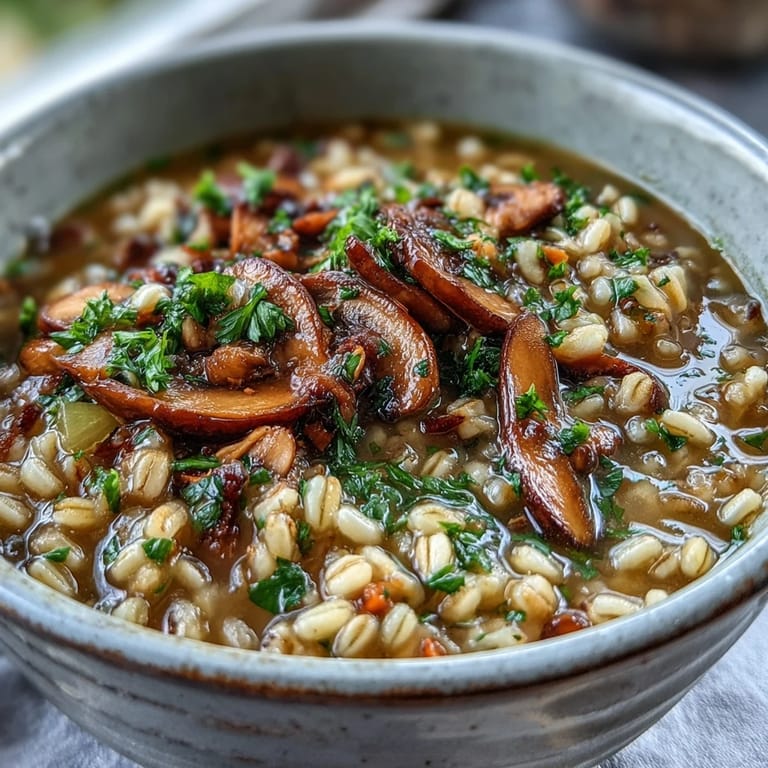 Warm Mushroom Barley Soup ladled from a Dutch oven, featuring shiitake mushrooms and pearl barley.