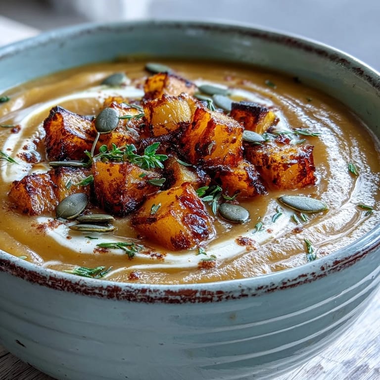 Velvety roasted Butternut Squash Soup drizzled with maple syrup and nutmeg spice.