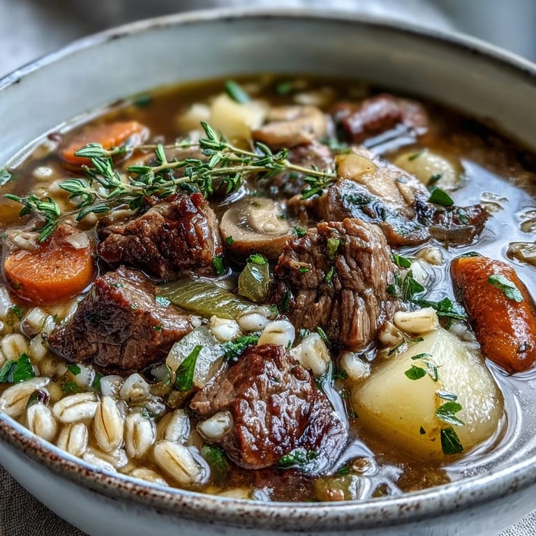 Freshly ladled Beef and Barley Soup steams beside a rustic bread bowl, with chopped parsley and carrots visible in the hearty mix.