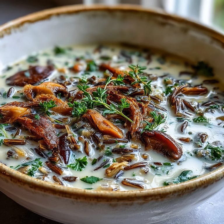 Earthy wild mushrooms and nutty wild rice simmer in this comforting, thickened soup, ideal for chilly evenings.