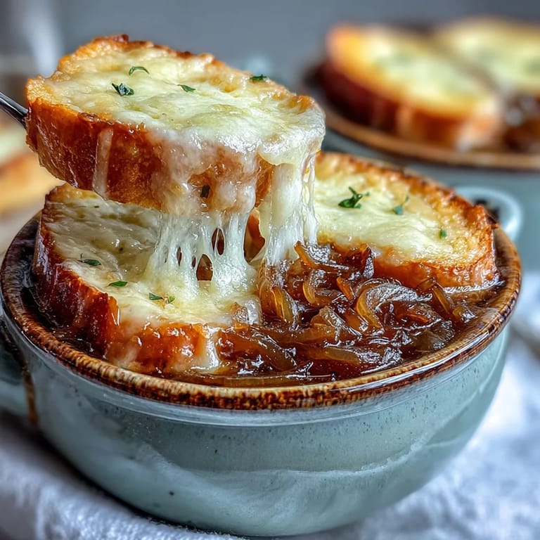 Hearty Classic French Onion Soup served in a ceramic crock, with melted Gruyère stretching from a toasted bread slice.
