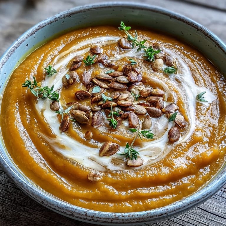 A steaming bowl of velvety Roasted Butternut Squash Soup with fresh thyme, perfect for a cozy autumn dinner.  